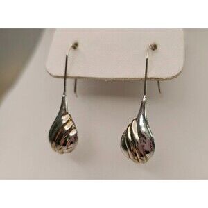 925 Ribbed with Gold Puffy Tear Drop Threader Style Earrings 1 5/8"Lx1/2"W